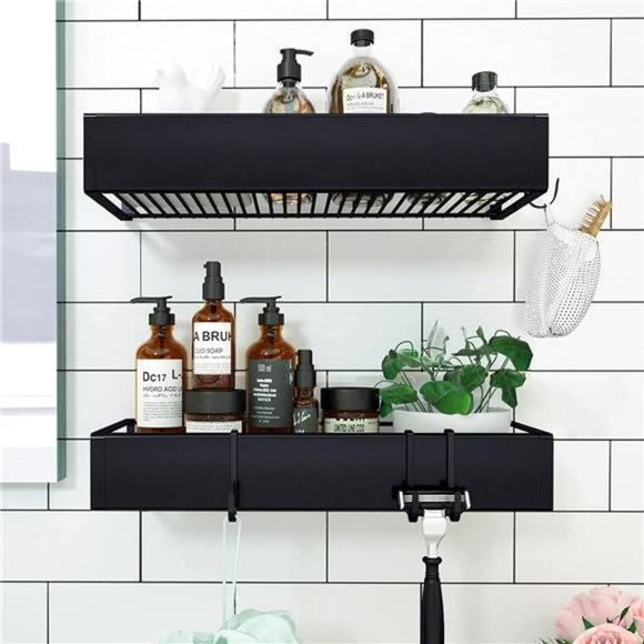 Shower Caddy, Self Adhesive Shower Shelves With Hooks - 2 Pack Black - Picture 4 of 6
